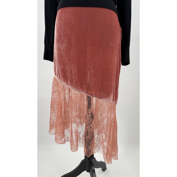 Free People Peach Velvet Lace Asymmetrical Skirt 12 Orange Large Midi Boho - Picture 1 of 13